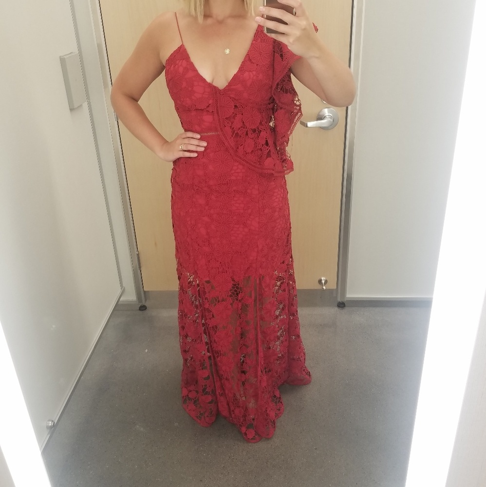 Red lace floor length dress